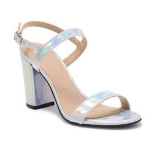 BP Lula Ankle Strap Block Heel Sandals in Silver Holographic - Picture 1 of 7